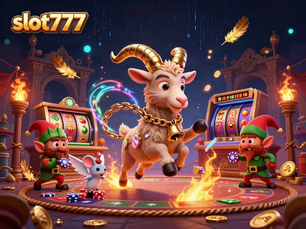Permainan slot777 menarik dengan Krampus, mouse, dan elf mencuri chip di kasino.