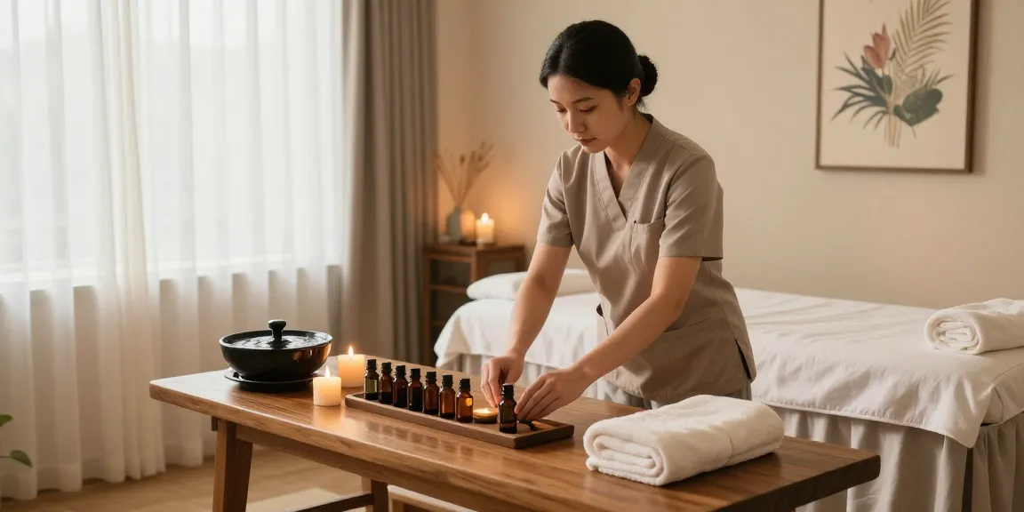 Tranquil 구로마사지 therapy room featuring essential oils, relaxing atmosphere, and inviting massage bed.