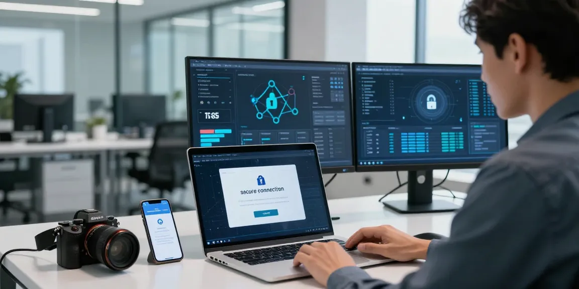 User performing a security check on https://shs-dome5.com/ using laptops and security analytics, showcasing a modern office space.