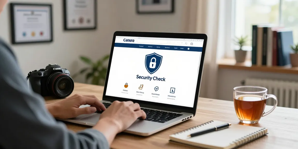 Secure browsing at https://shs-dome5.com/ with a laptop on a tidy desk, indicating safety checks.