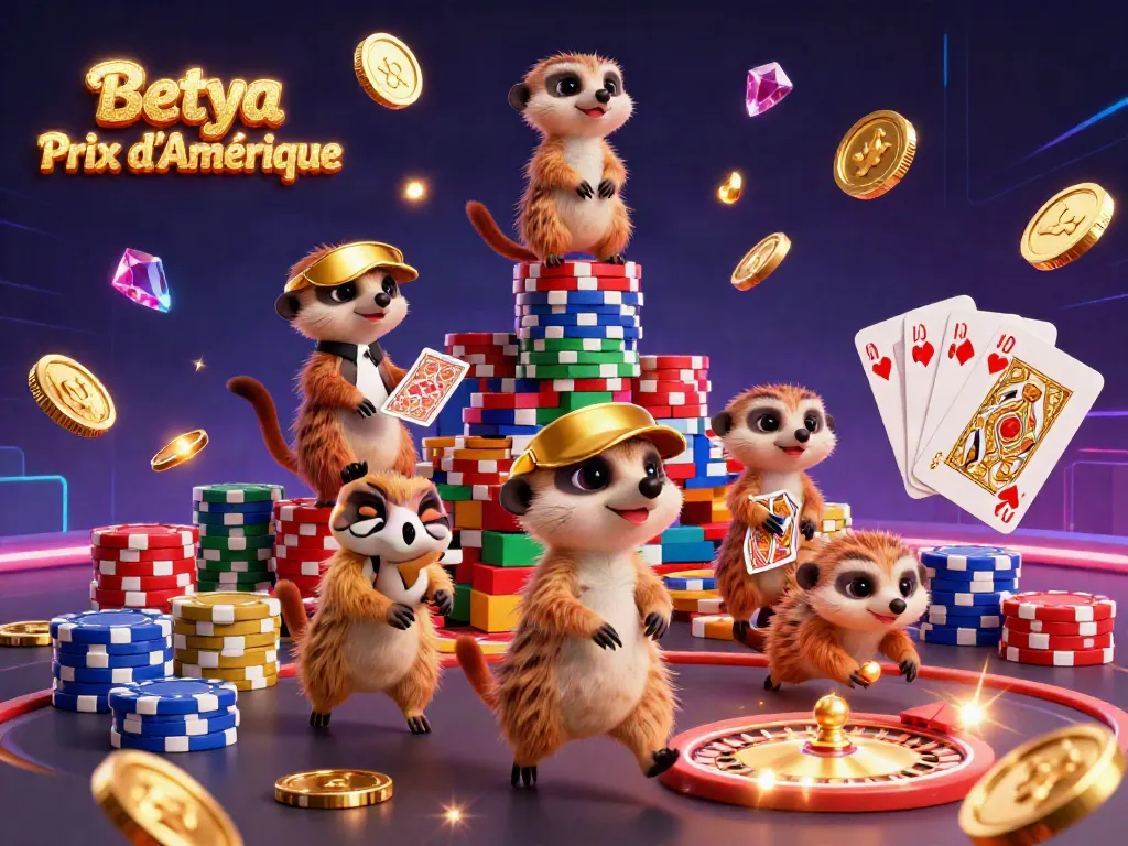 Betya Prix d'Amérique showcases meerkats in a vibrant casino setting, featuring dynamic gambling elements.
