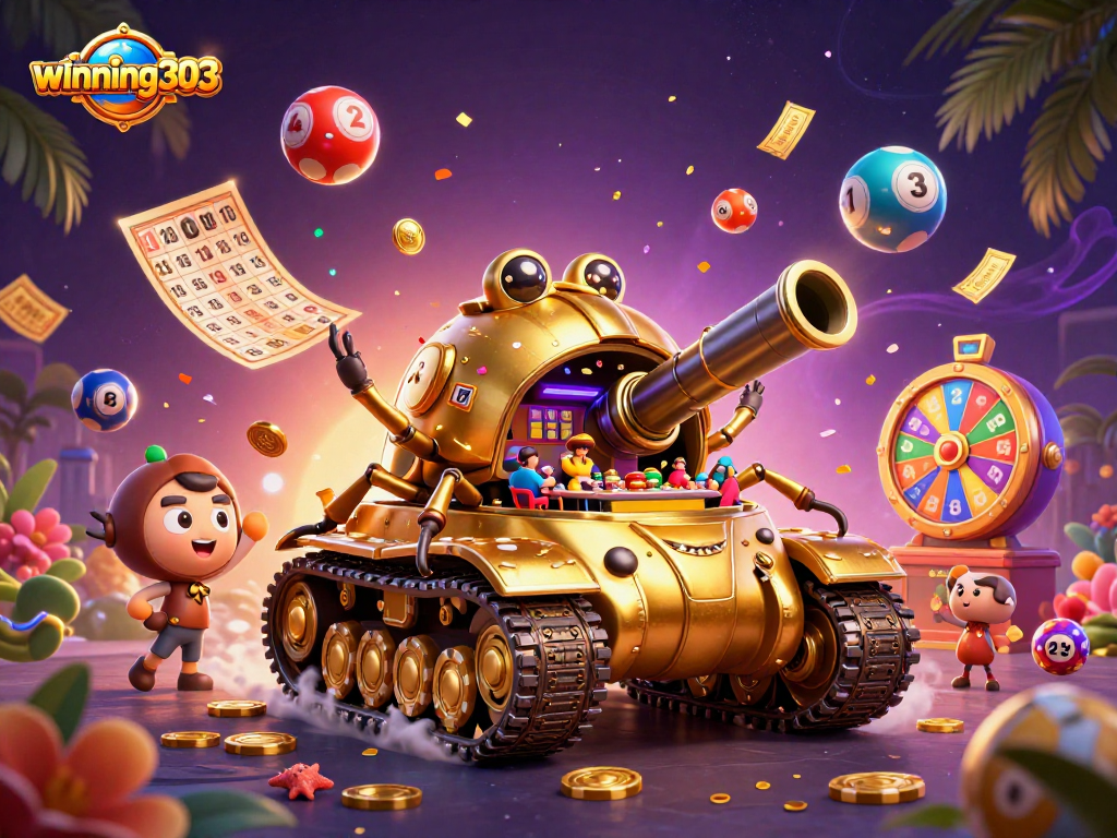 Winning303 unleashes thrill with a dynamic illustration of a golden beetle tank casino.