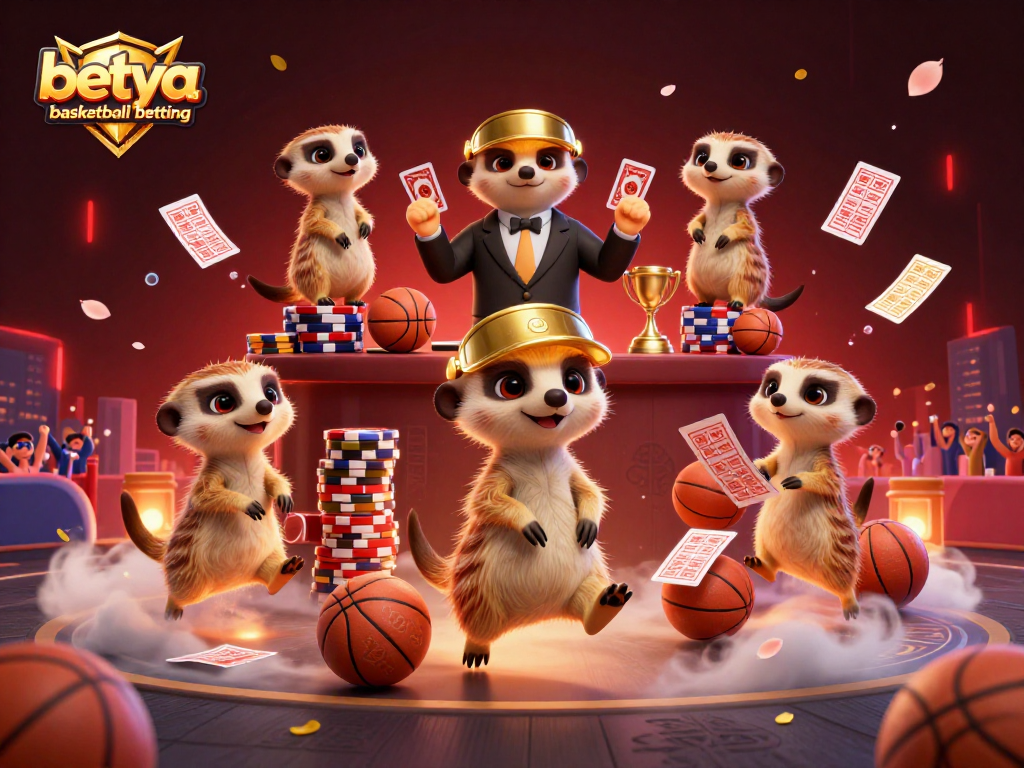 Join the excitement of betya basketball betting with energetic meerkat casino characters amidst vibrant game elements.