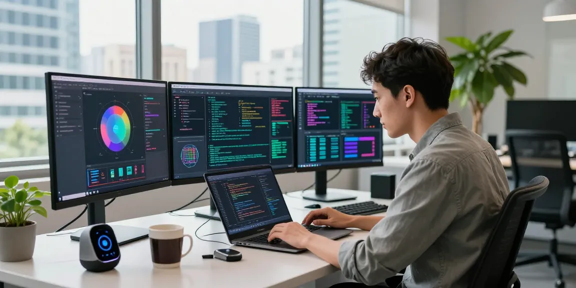 Developer coding AI projects in a modern workspace showcasing crush on ai technology and innovation.