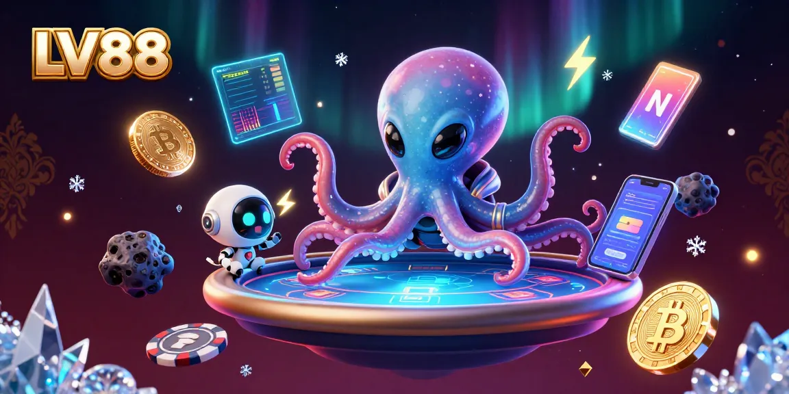 Play at LV88 with an alien octopus and a tiny robot in a cosmic casino scene.
