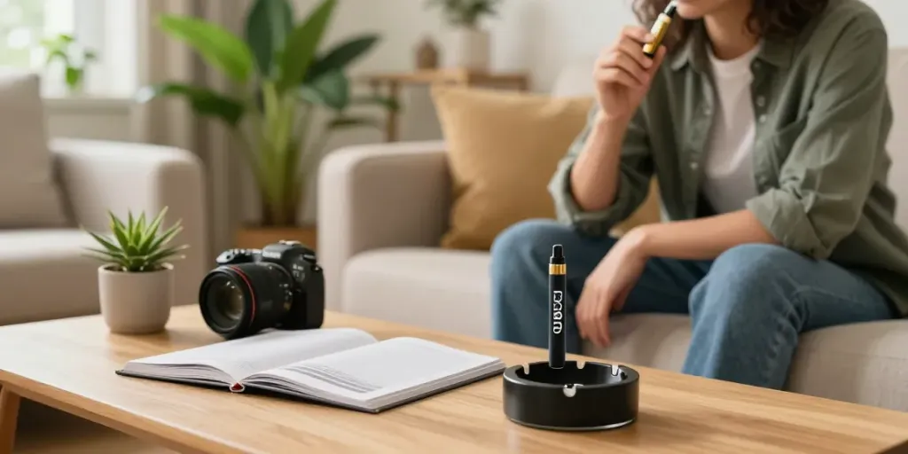 Relaxing with thc vape pens online in a cozy home setting, showcasing accessories.