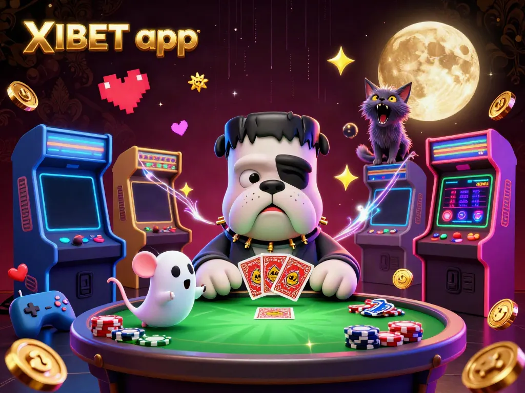 Experience vibrant gaming with XIBET app featuring lively characters like a Frankenstein bulldog and werewolf kitten.
