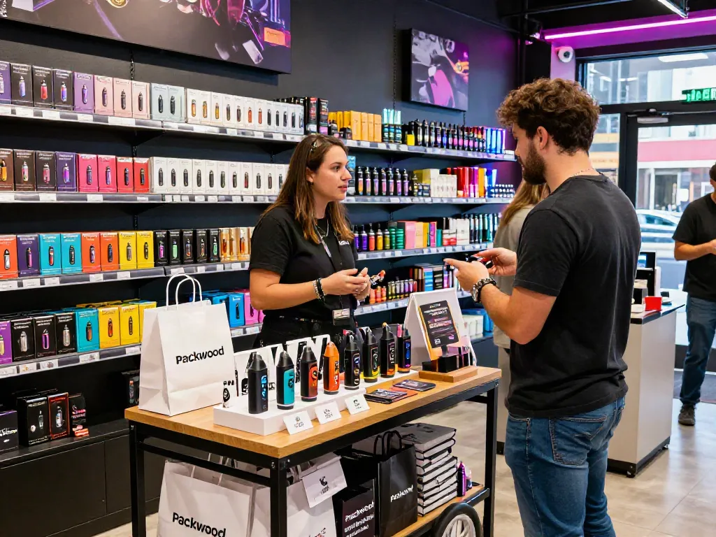 Engaging retail display of Packwood carts with a shop attendant assisting a customer in a vibrant vape shop.