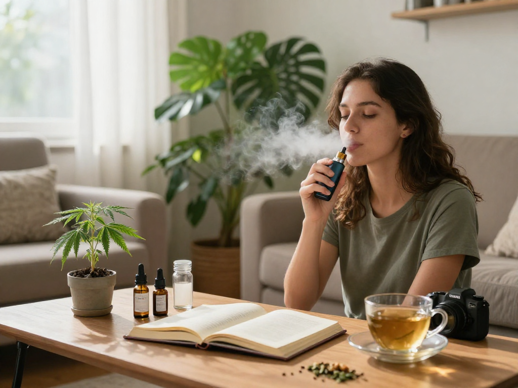 Enjoying cookies vape in a serene setting, featuring natural hemp products and wellness items for a holistic experience.