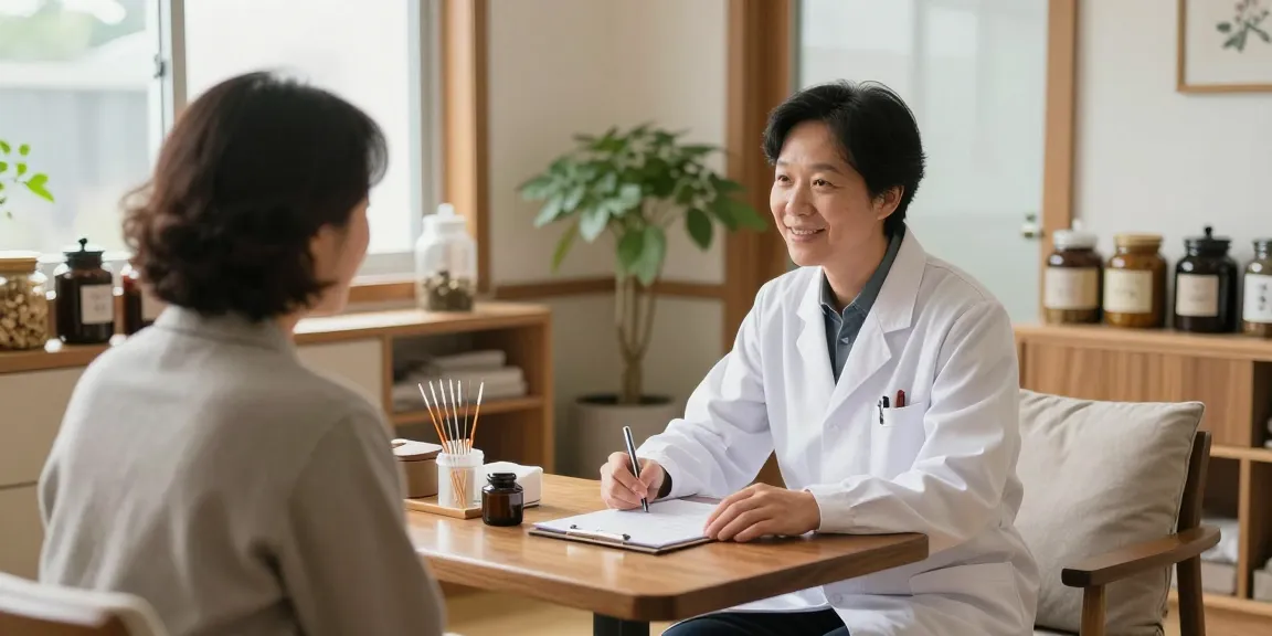 Consultation at 영통한의원 with patient discussing health treatments in a warm, inviting setting.