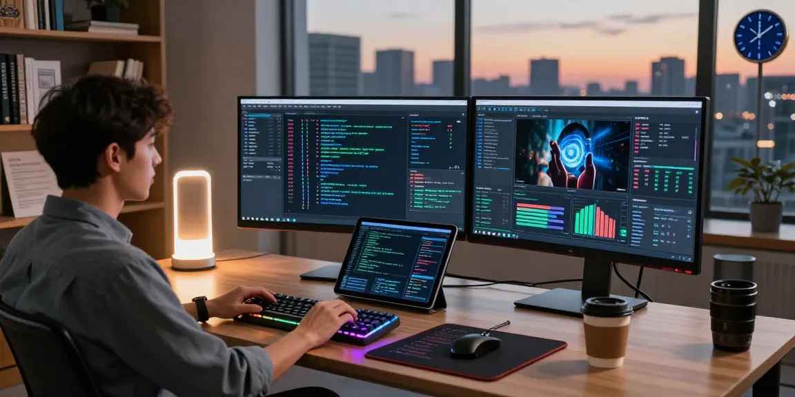 AI image checker technology workspace with monitors and data visuals