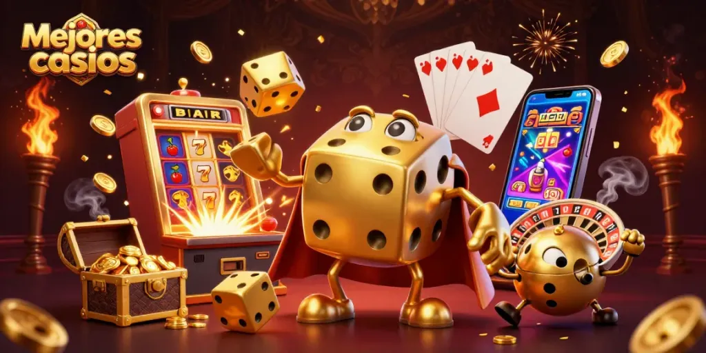 Jugando en los mejores casinos, una escena vibrante con dados dorados y máquinas tragamonedas.