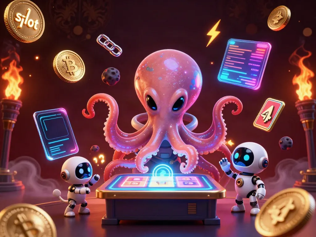 Experience thrilling slot gaming with a colorful scene featuring an alien octopus and robot playing together.