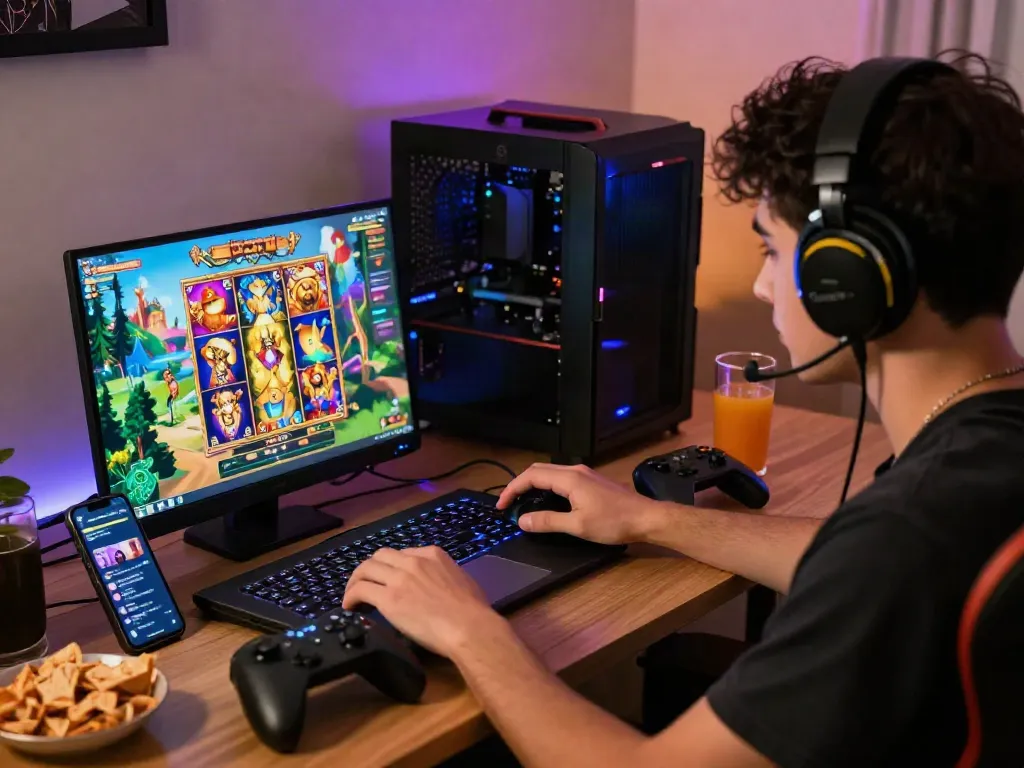 Engaged player enjoying slot online gacor with vibrant graphics on laptop.