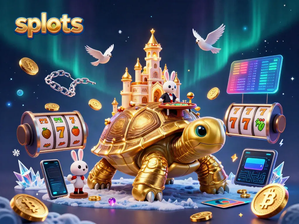 Spin the slots with vibrant golden tortoise and rabbit dealer in a lively casino scene.