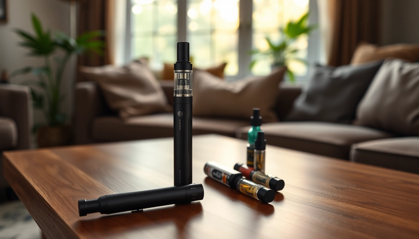 Cannabis Vape pen and cartridges elegantly displayed on a cozy table, inviting relaxation.