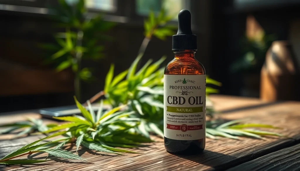 Showcase CBD Oil bottle highlighting natural ingredients with hemp leaves in the background.