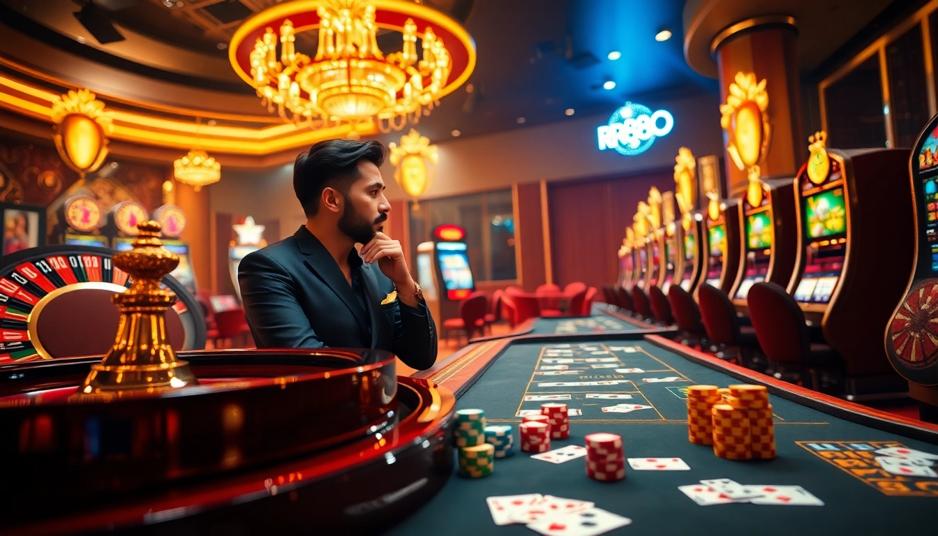 Experience the thrill of RR88 with vibrant casino visuals featuring roulette wheels and poker chips.