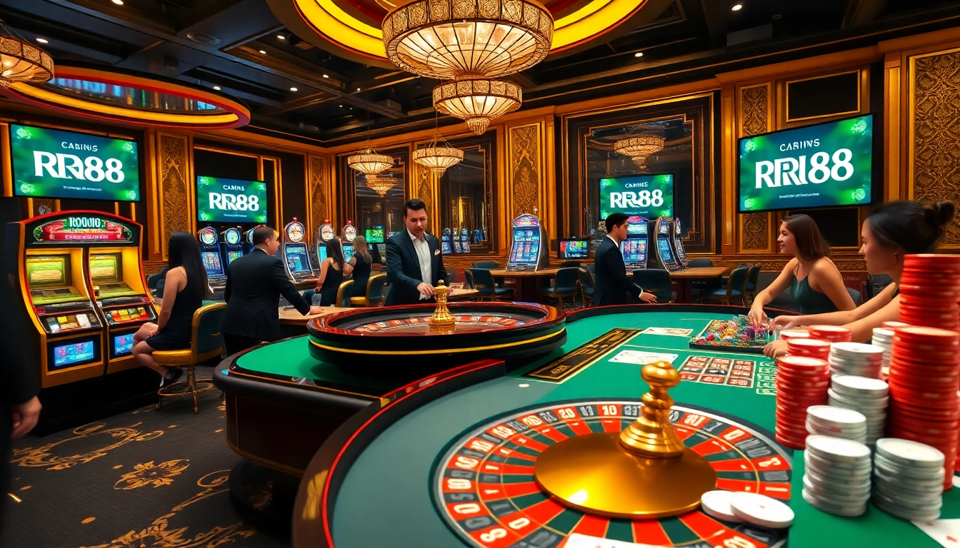 Exciting casino scene highlighting RR88 with players enjoying roulette and slot machines in a luxurious setting.