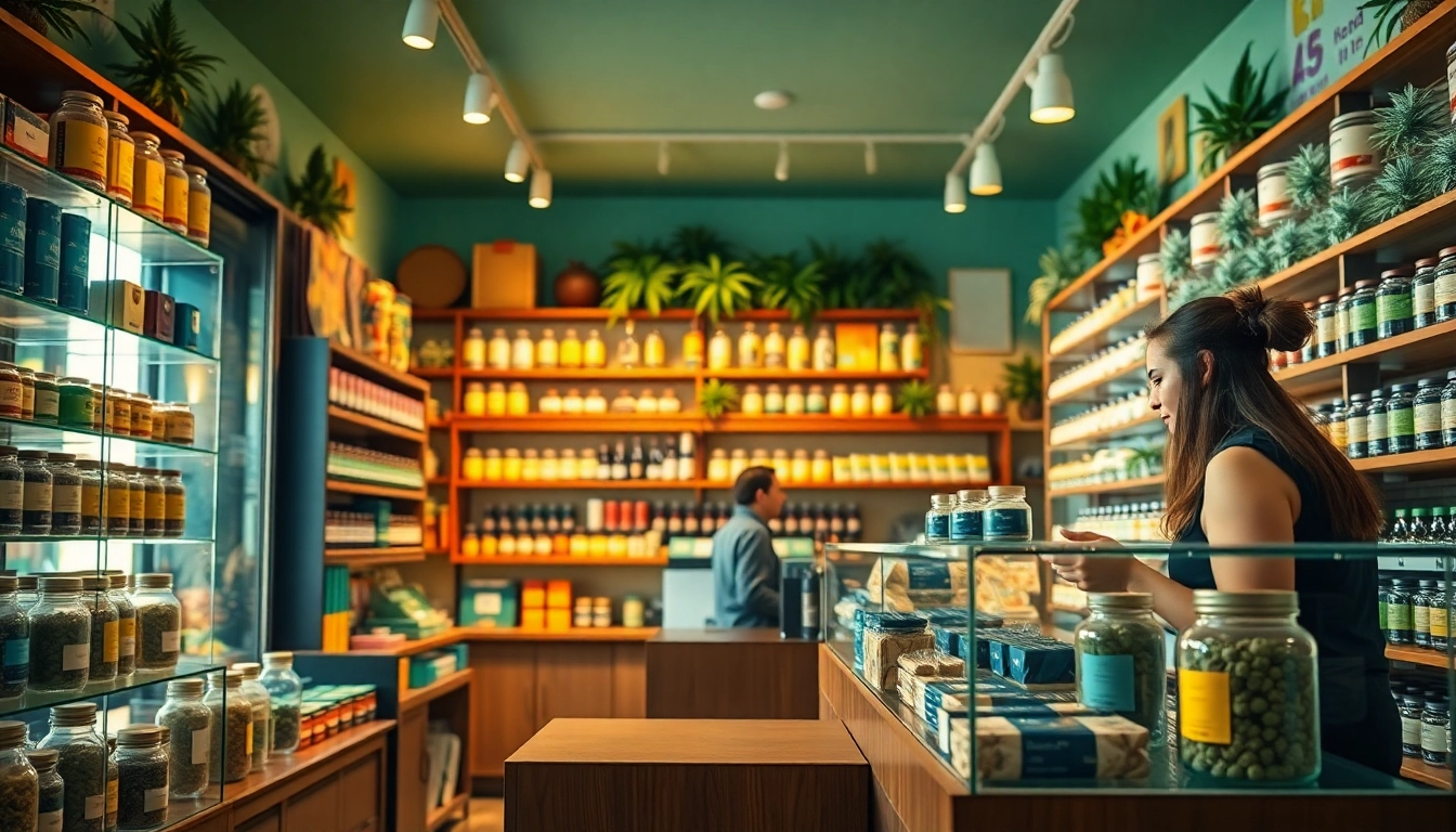 Explore the lively atmosphere inside a Weed Store filled with vibrant cannabis products.