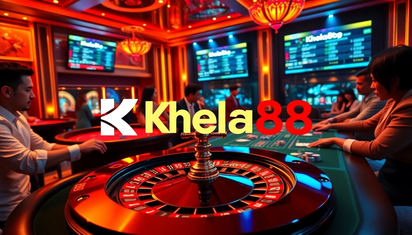 Khela88 লগইন করুন with vibrant casino visuals, poker chips, and thrilling game atmosphere.