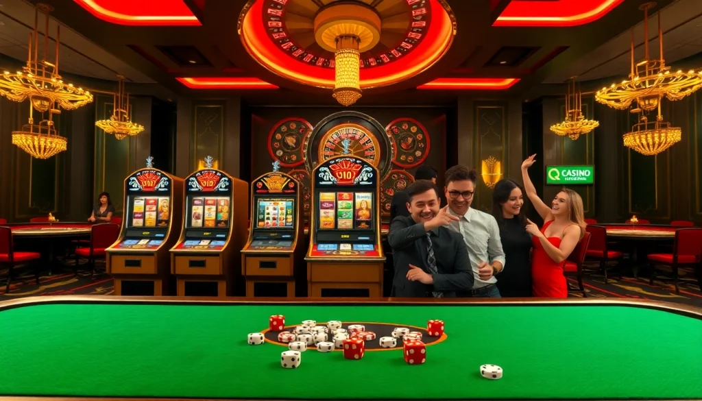 Rasakan sensasi dengan dewanaga89 Slot Login di latar kasino yang meriah menampilkan mesin slot dan pemain yang merayakan.