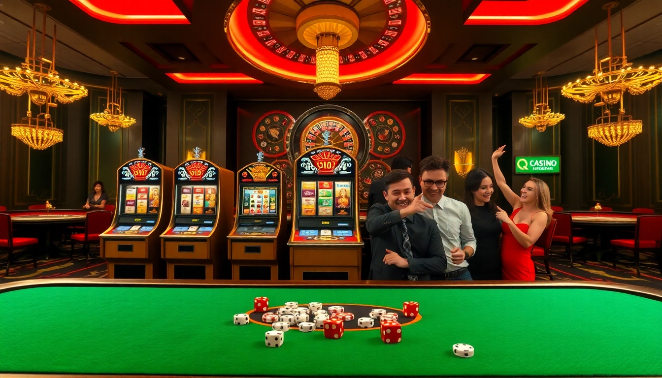 Rasakan sensasi dengan dewanaga89 Slot Login di latar kasino yang meriah menampilkan mesin slot dan pemain yang merayakan.