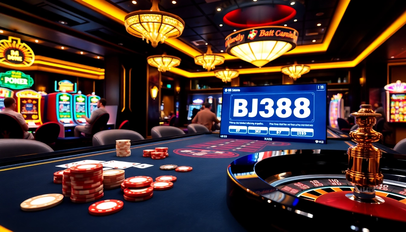 Bets placed at BJ388 online casino featuring poker chips and a roulette wheel in a luxurious setting.