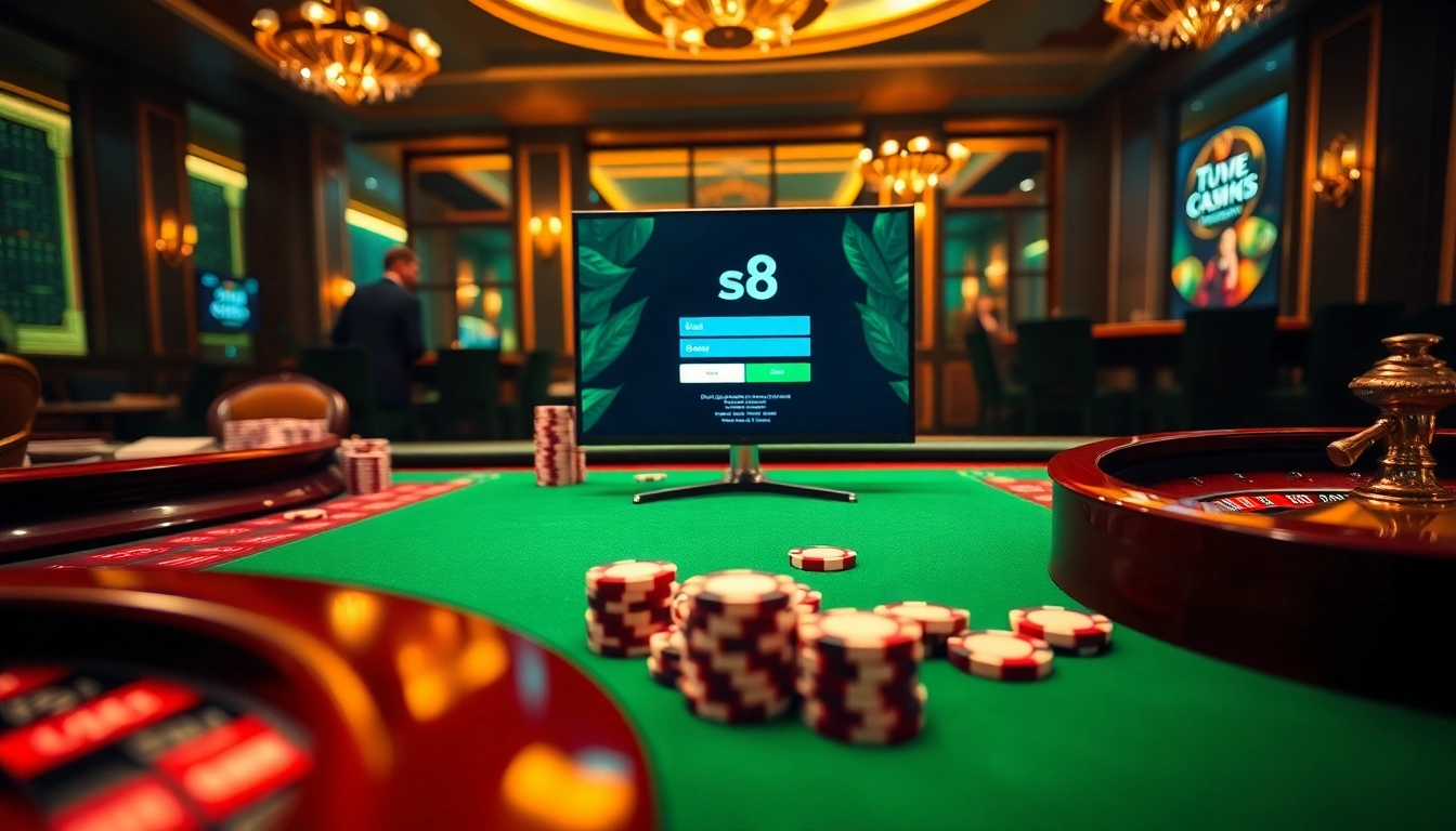 S8 đăng nhập displayed on a luxurious casino interface with roulette and poker elements.