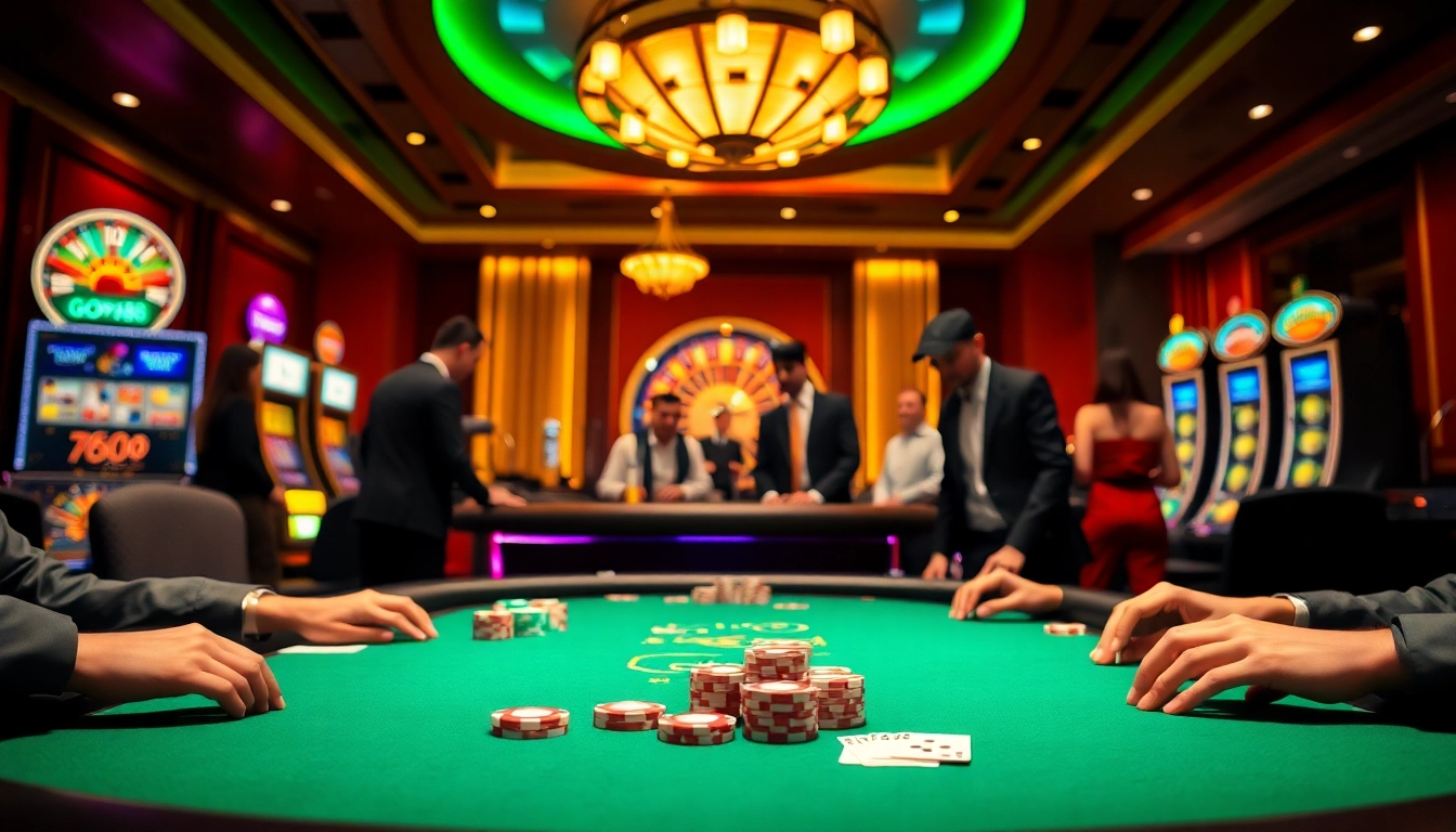 Engaging players at a luxurious Gopay88-themed poker table with vibrant chips and cards.