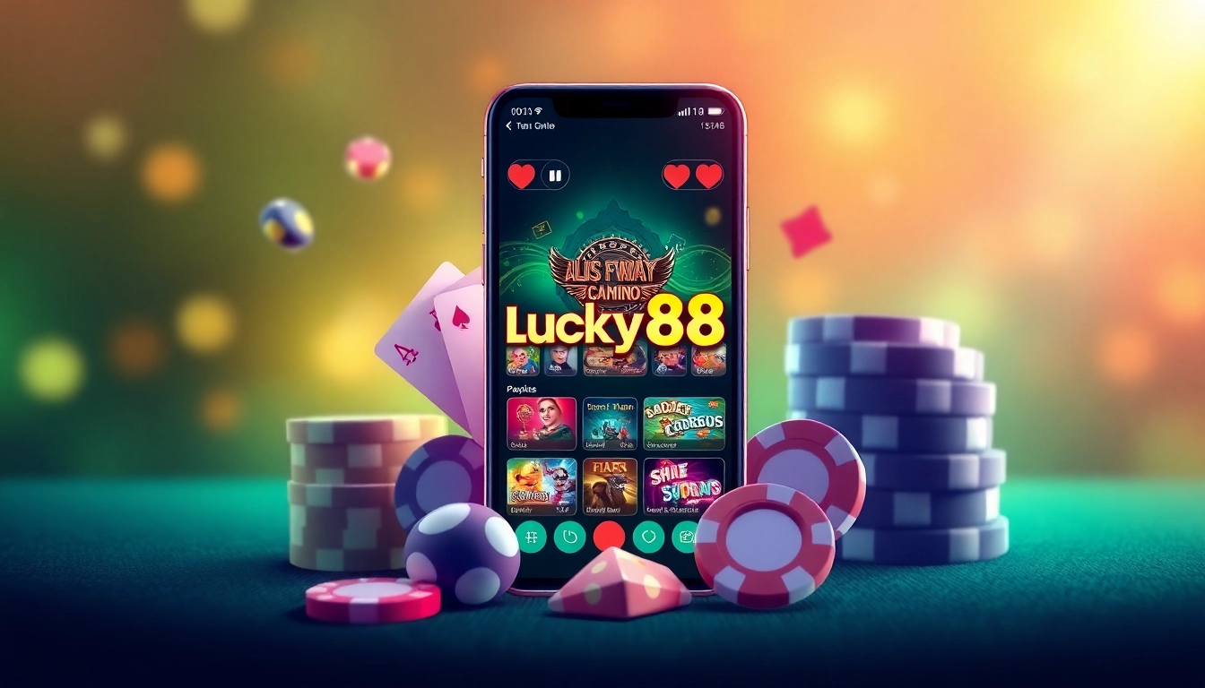 Vibrant illustration of the Lucky88 app interface on a smartphone surrounded by casino elements, showcasing https://lucky88.direct/.