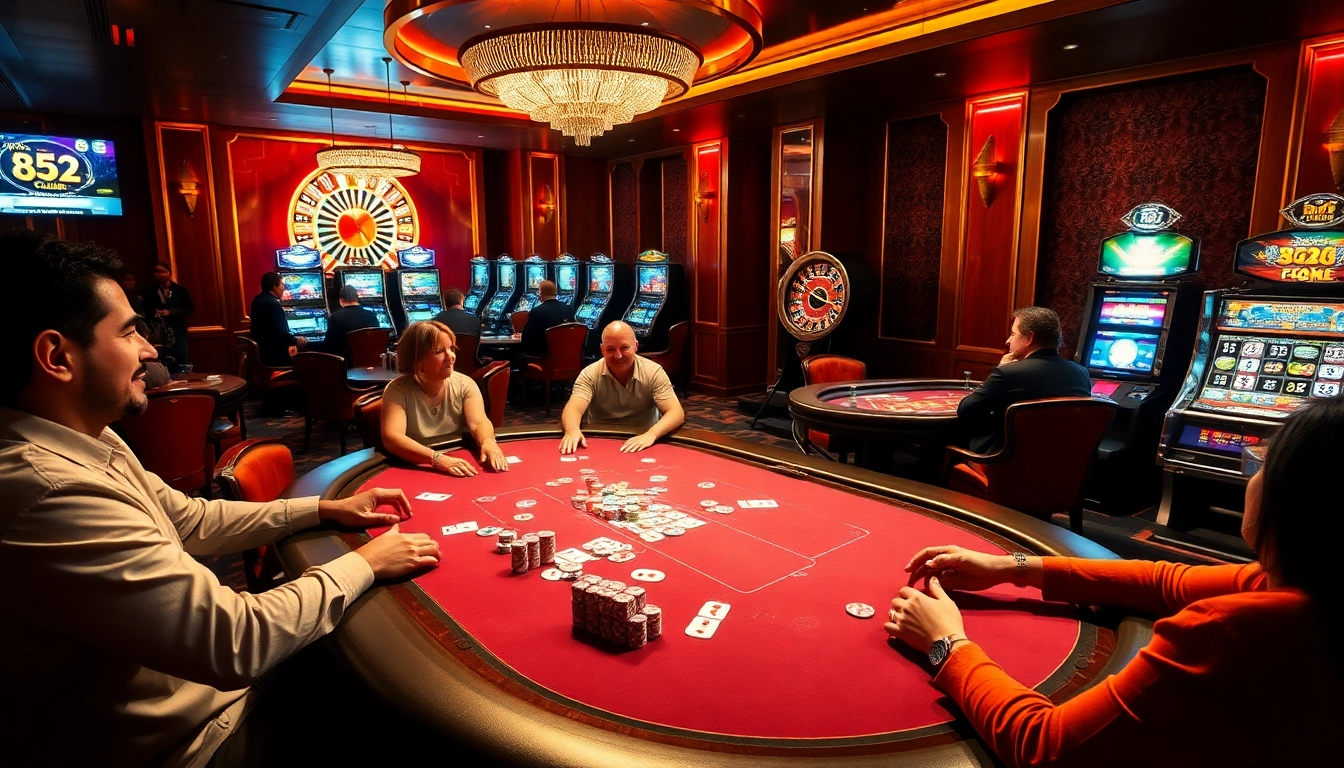 b52club players engaging in a thrilling poker game with vibrant casino elements.