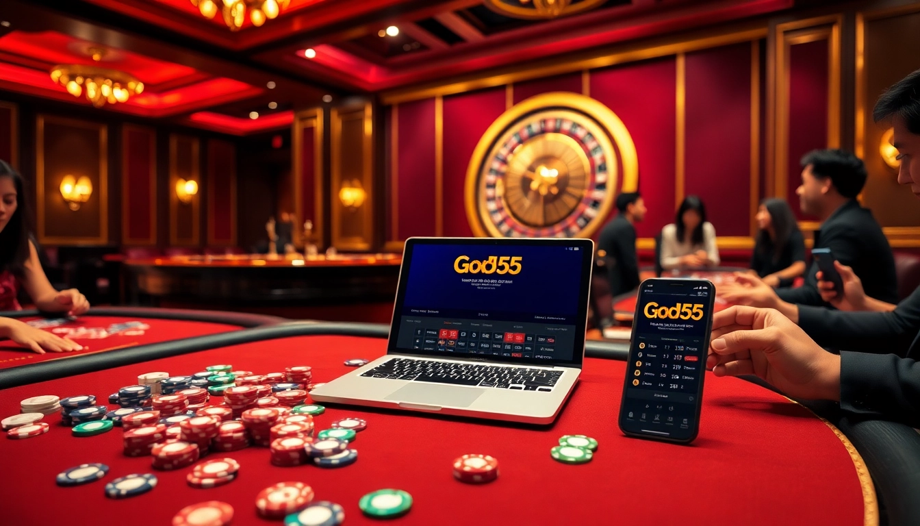 Engaging scene of players enjoying God55 online casino games with vibrant betting elements.