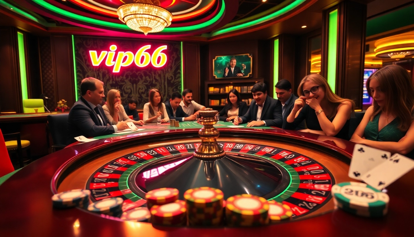 Experience the thrill of vip66 đăng nhập amidst a vibrant casino scene with roulette and poker action.
