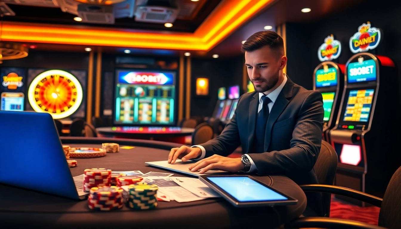 SBOBet interface showcasing a professional gambler's betting experience in a luxury casino setting.