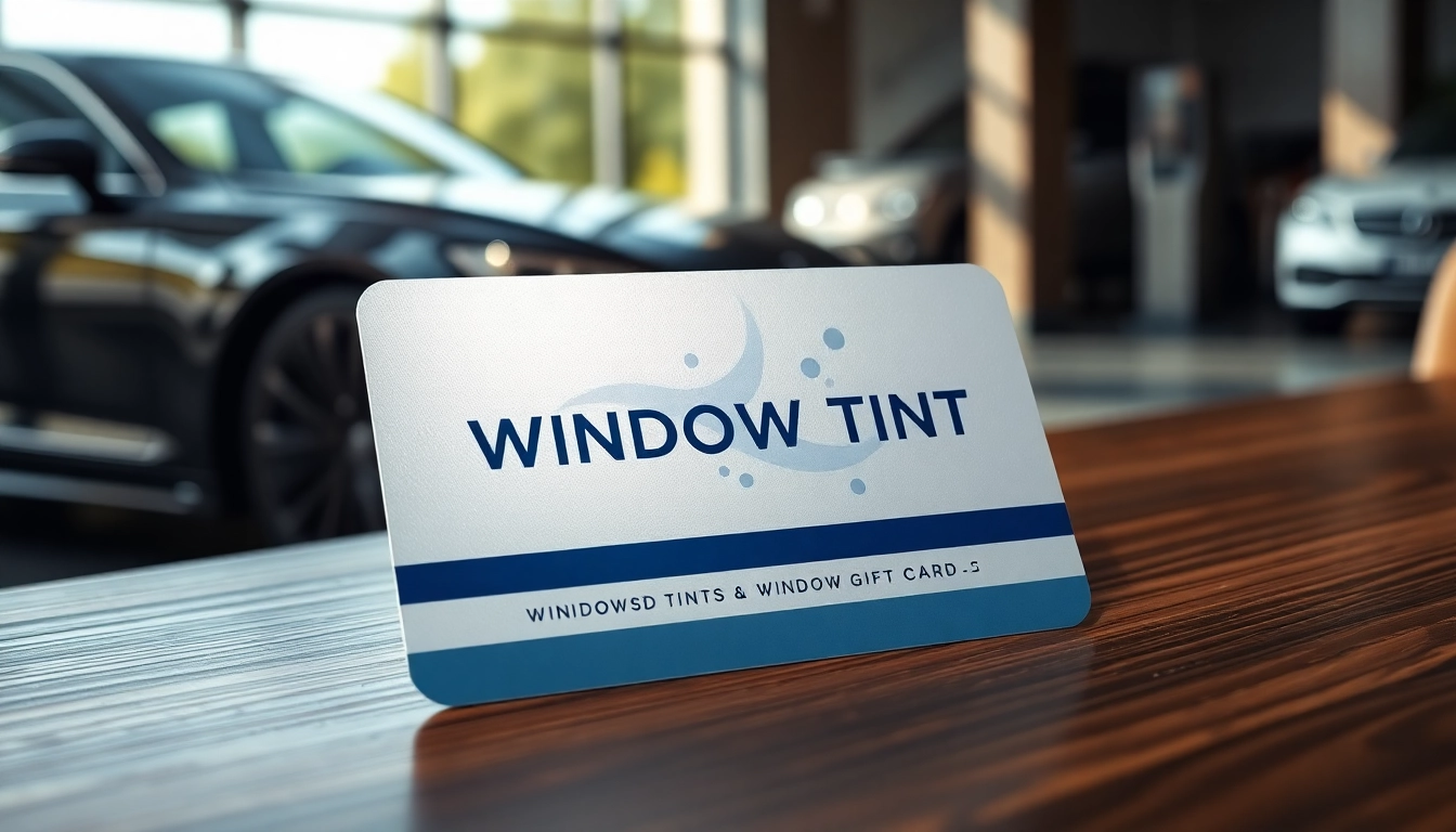 Presenting the window tint gift card with elegant design features on a stylish wooden table.