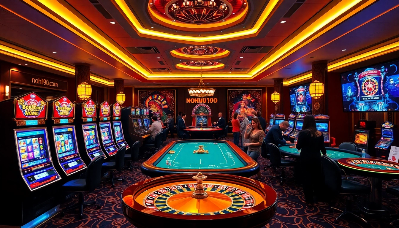 A thrilling casino experience at nohu90.com with vibrant slot machines and poker tables.