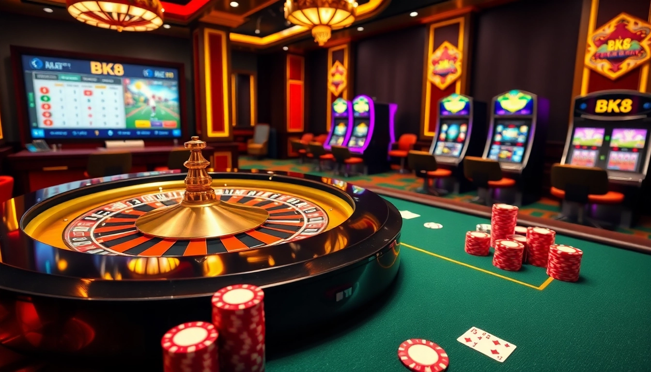 Play dynamic games at BK8Thai online casino, featuring vibrant roulette wheels and betting tables.