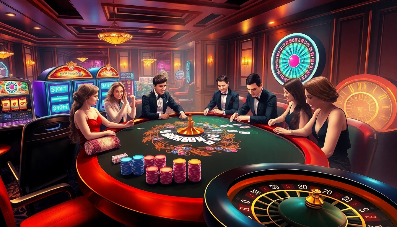 Engaging scene showcasing players at https://iwin.cn.com/ casino table with stylish poker action and vibrant ambience.