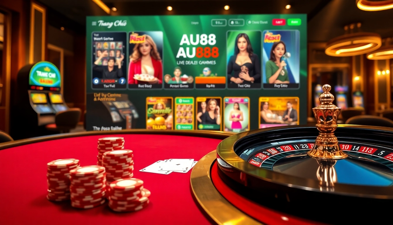 Experience luxury gaming with Trang Chủ AU88 at a vibrant casino table featuring poker chips and a roulette wheel.