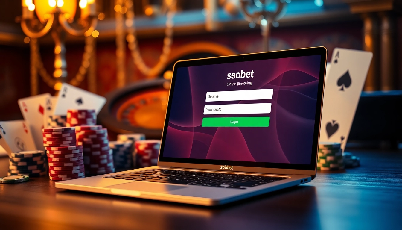 Experience sbobet login on a luxurious online gambling interface surrounded by casino elements.