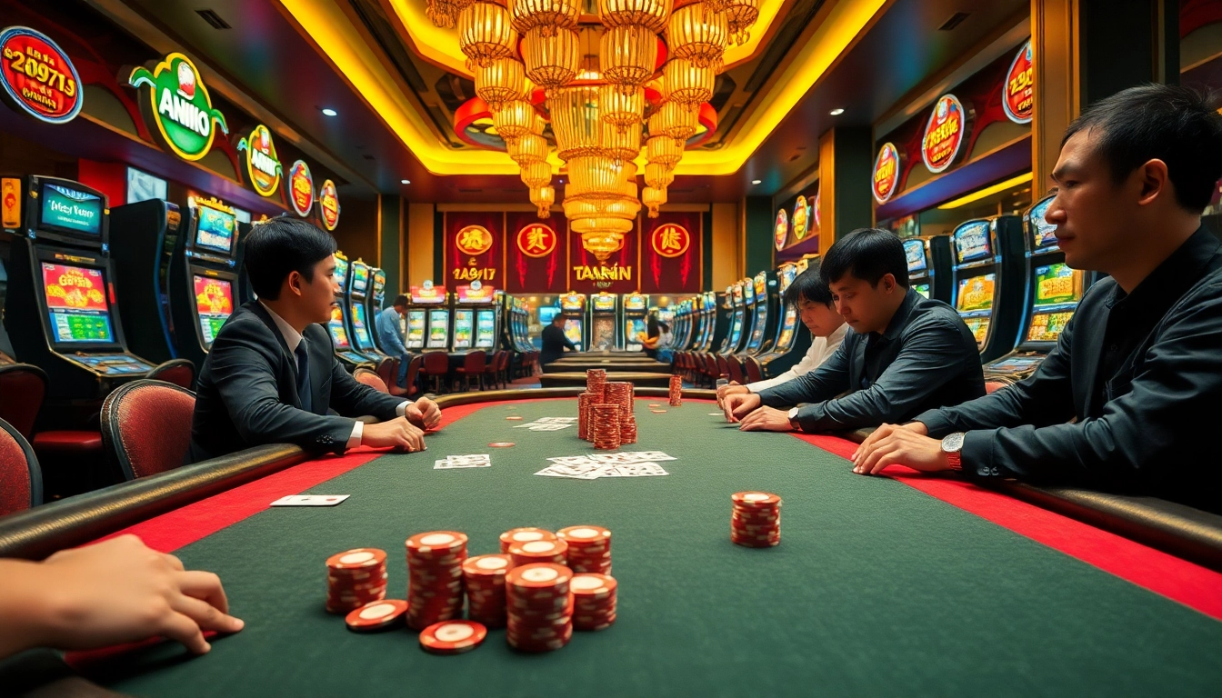 Experience the excitement of gambling at a luxurious casino scene, featuring a poker table and vibrant slot machines. Visit https://hanoiculturetravel.com/ for more.