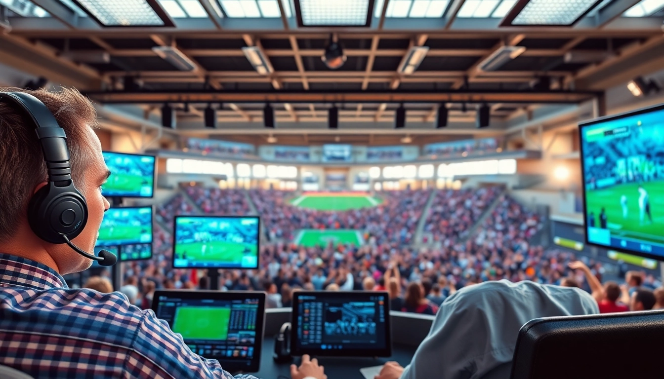 Engaging sports broadcasting scene with announcer and live game screens.