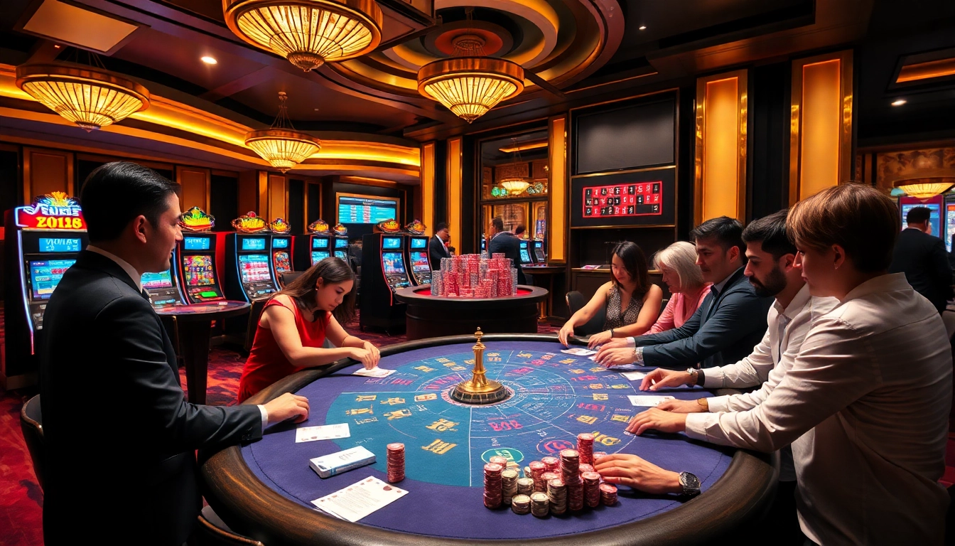 Players enjoy an exciting poker game at mm888.media's vibrant casino table, showcasing chips and cards.