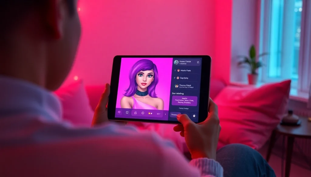Engaging in ai porn chat with a vibrant AI avatar in a cozy setting.