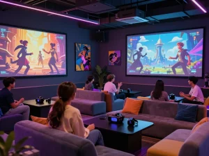 Interactive NSFW character chat scene showcasing vibrant avatars and modern lounge.