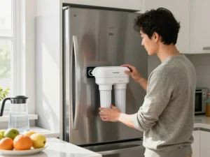 Overbest XWF Replacement for GE® XWF Refrigerator Water Filter installation in a bright kitchen