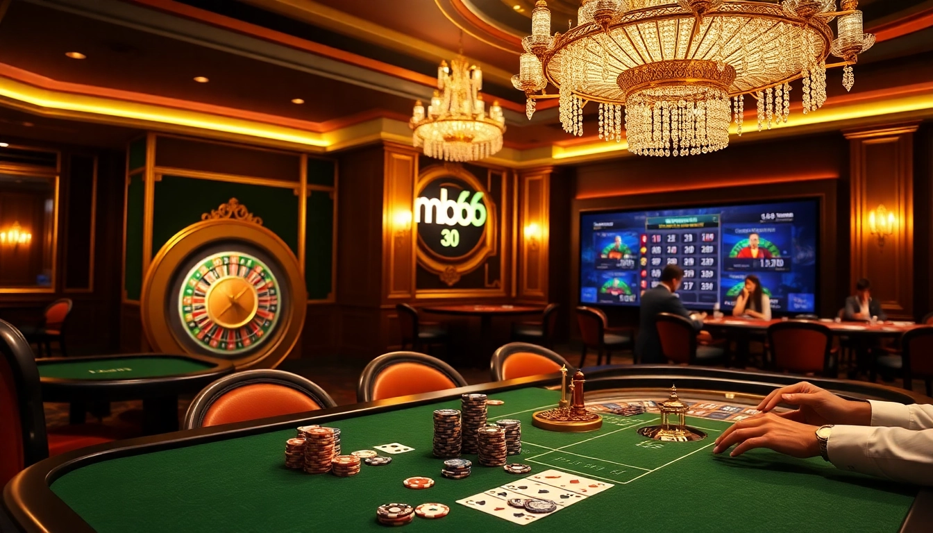 Enjoying an exciting game at the mb66 casino table with vibrant poker chips and a roulette wheel.