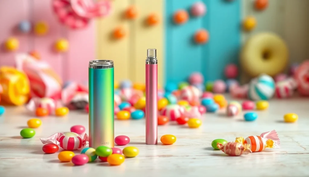 Engaging candy vape pen surrounded by colorful candies on a table, showcasing its design.