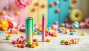 Engaging candy vape pen surrounded by colorful candies on a table, showcasing its design.